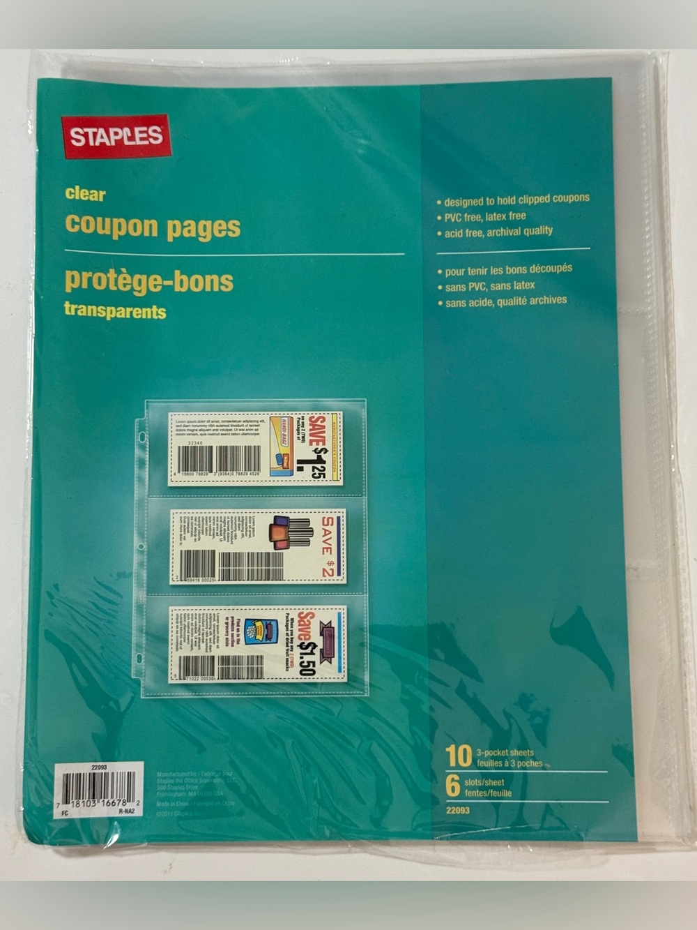 STAPLES Clear Coupon Pages, 22093, 6 Slot Sheets, 10 Pack
